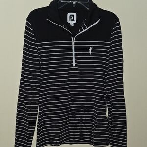 FootJoy Black and White Striped Pullover - Spanish Bay embroidered.